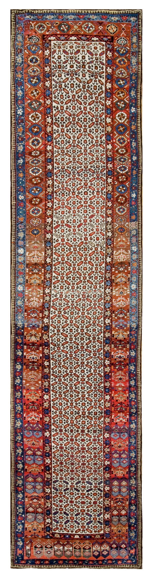 Runner rug with a repeating lattice pattern on cream, flanked by complex rust and blue geometric borders.