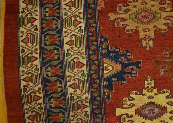 Intricate rug pattern featuring red, navy, and tan colors with geometric and stylized floral motifs.