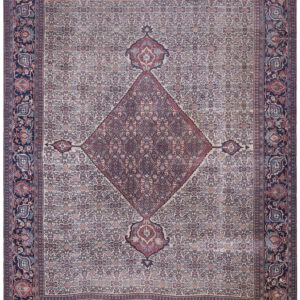 Traditional low-pile rug with a detailed red central medallion, beige field, and navy blue border.