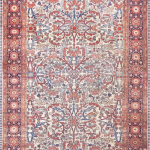 Red, blue, and cream low-pile rug with a central stylized floral medallion and elaborate multiple borders.