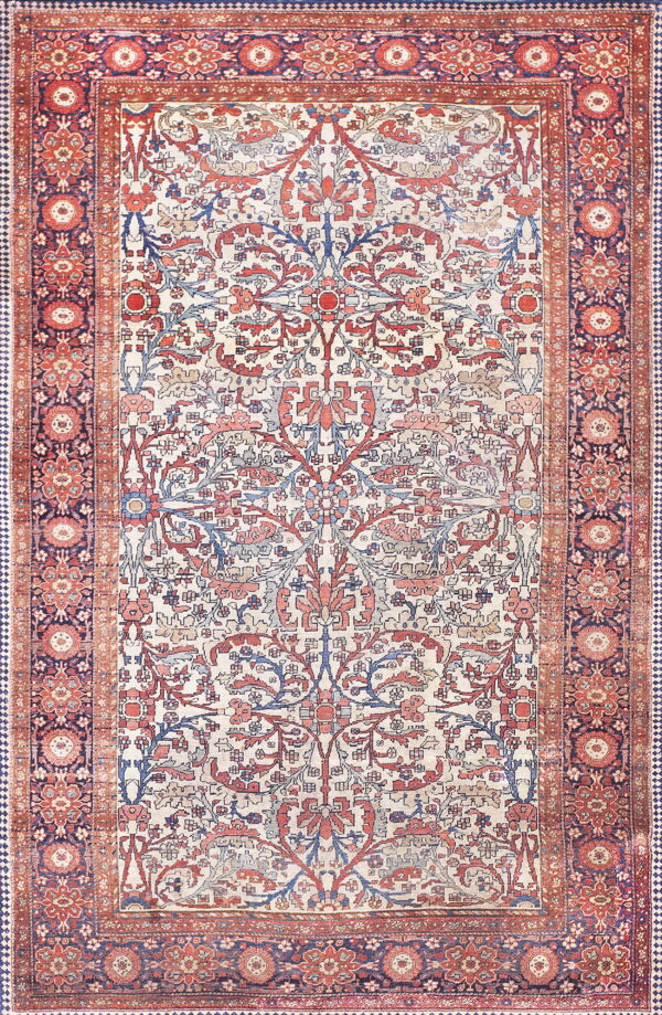 Red, blue, and cream low-pile rug with a central stylized floral medallion and elaborate multiple borders.