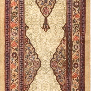 Beige runner rug featuring a detailed central mihrab design with floral medallions and patterned borders.