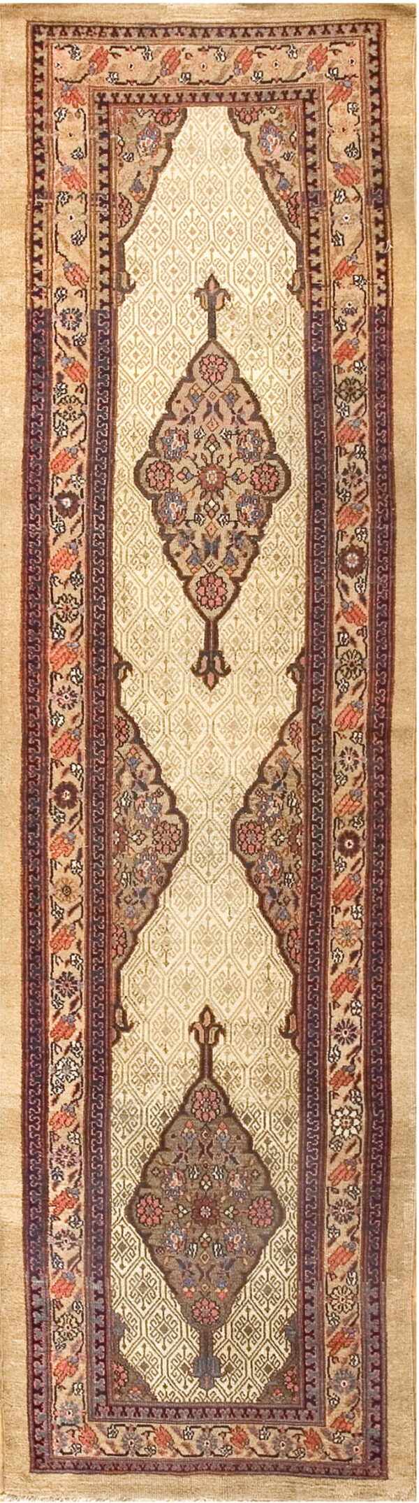 Beige runner rug featuring a detailed central mihrab design with floral medallions and patterned borders.