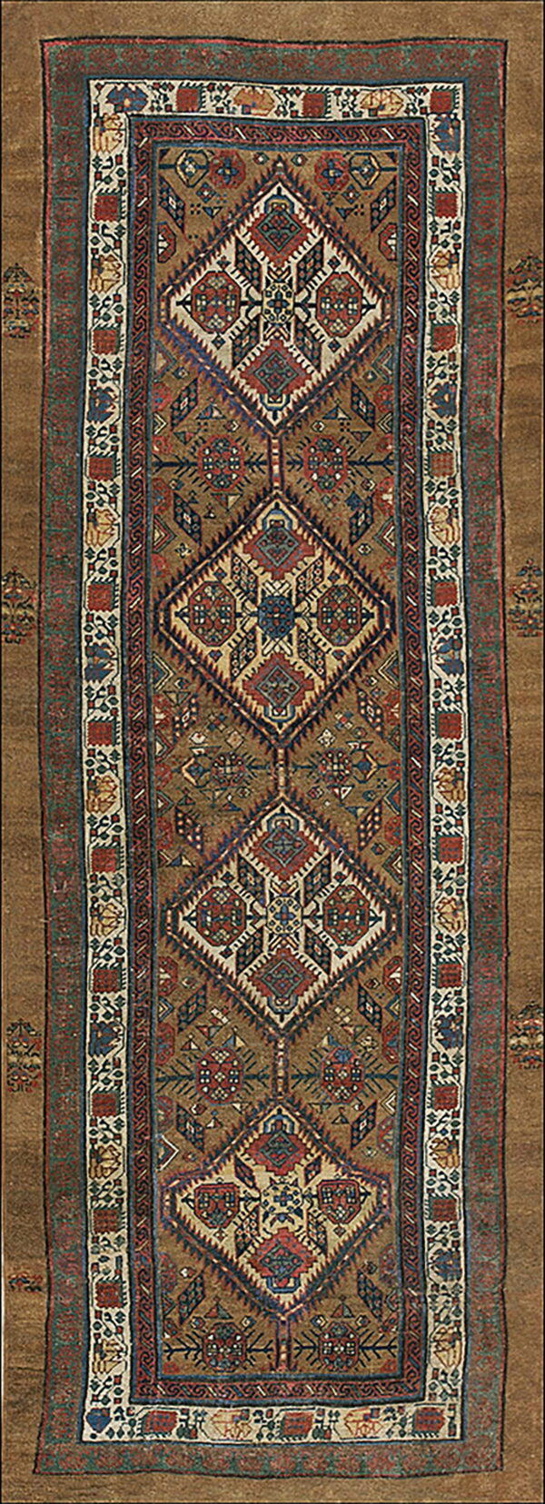 A long runner rug features a central column of diamond medallions with complex geometric patterns in red, blue, and cream on a tan field.