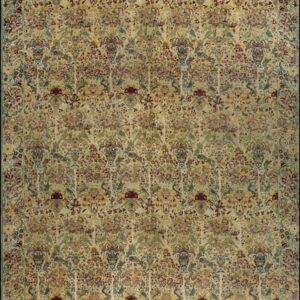 Densely patterned rug featuring repeating floral, bird, and vase motifs on a creamy yellow background.