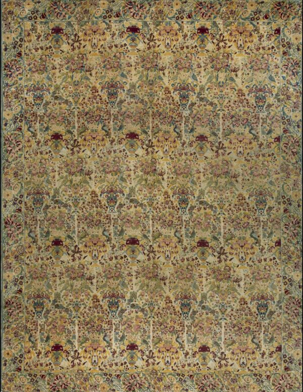 Densely patterned rug featuring repeating floral, bird, and vase motifs on a creamy yellow background.