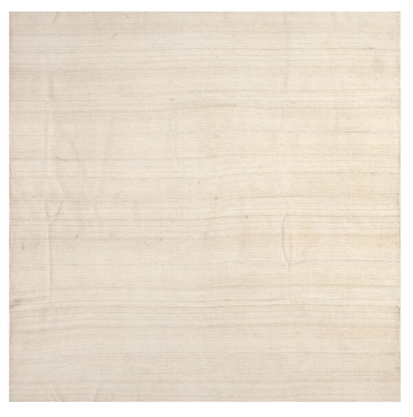Creamy beige flatweave rug featuring faint horizontal stripes and subtle stitched accent lines.