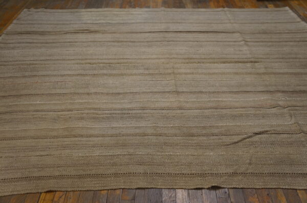 A beige flatweave rug featuring horizontal stripes rests on a dark plank wood floor.