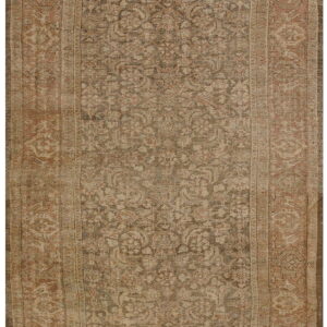 Distressed runner rug with an ornate traditional pattern in muted beige, dark brown, and faded terracotta colors.
