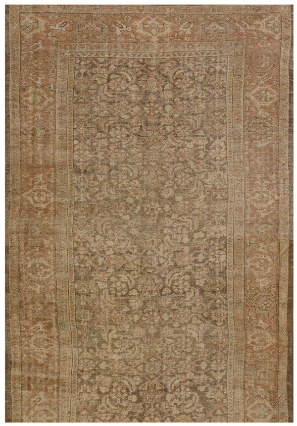 Distressed runner rug with an ornate traditional pattern in muted beige, dark brown, and faded terracotta colors.