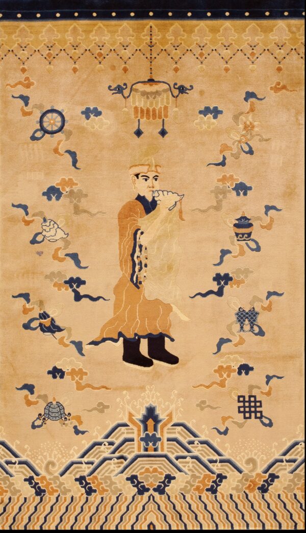 Traditional figure playing a shell.