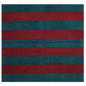 Flat textile rug featuring wide horizontal stripes of deep red and dark teal colors.
