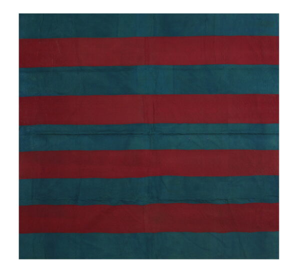 Flat textile rug featuring wide horizontal stripes of deep red and dark teal colors.