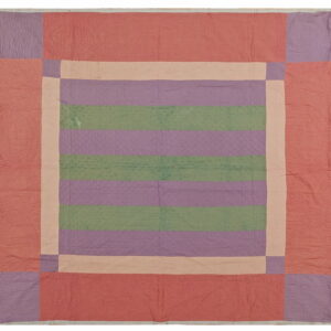 Square quilted textile featuring green, purple, peach, and coral stripes and blocks with detailed stitching.