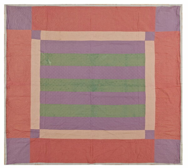 Square quilted textile featuring green, purple, peach, and coral stripes and blocks with detailed stitching.