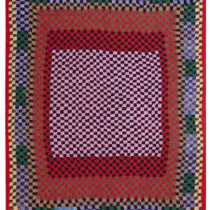 Square rug with a pink and black checkered center surrounded by multi-color checkered borders and a red edge.