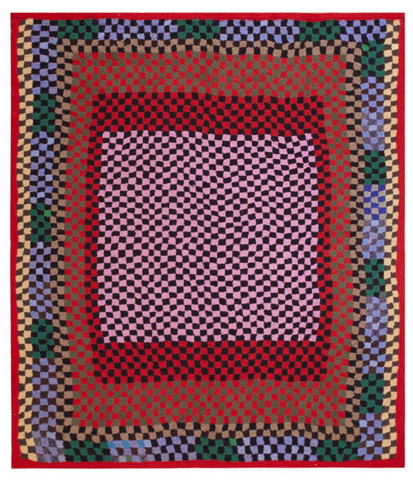 Square rug with a pink and black checkered center surrounded by multi-color checkered borders and a red edge.