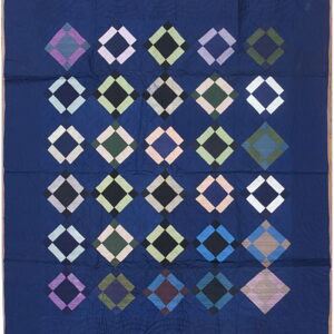 Flat navy blue textile featuring alternating rows of large, multicolored, framed geometric diamonds.