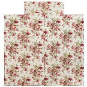 Off-white, low-pile rug featuring a dense chintz pattern of deep red and pink roses with green leaves.
