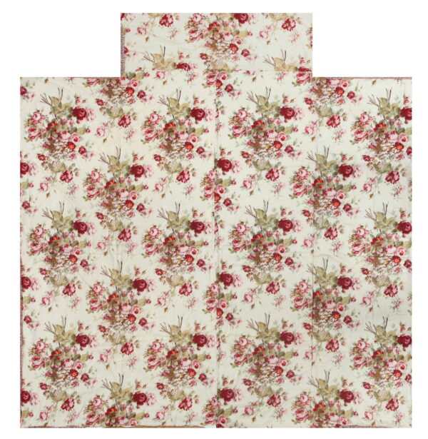 Off-white, low-pile rug featuring a dense chintz pattern of deep red and pink roses with green leaves.