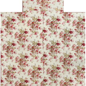 Large off-white textile with abundant red and pink floral print and green leaves, composed of visibly joined panels.