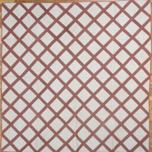 Low pile rug featuring a red and white diagonal lattice pattern on a wood floor.