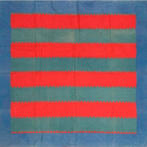 Blue textile featuring a wide border and alternating red and teal horizontal stripes with serrated edges.