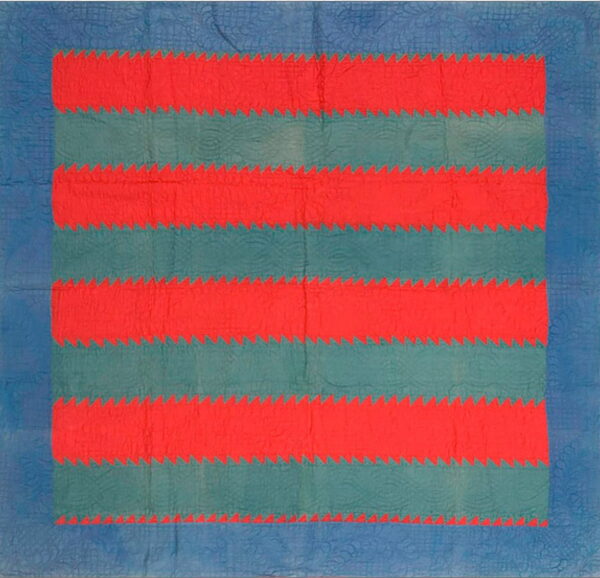 Blue textile featuring a wide border and alternating red and teal horizontal stripes with serrated edges.