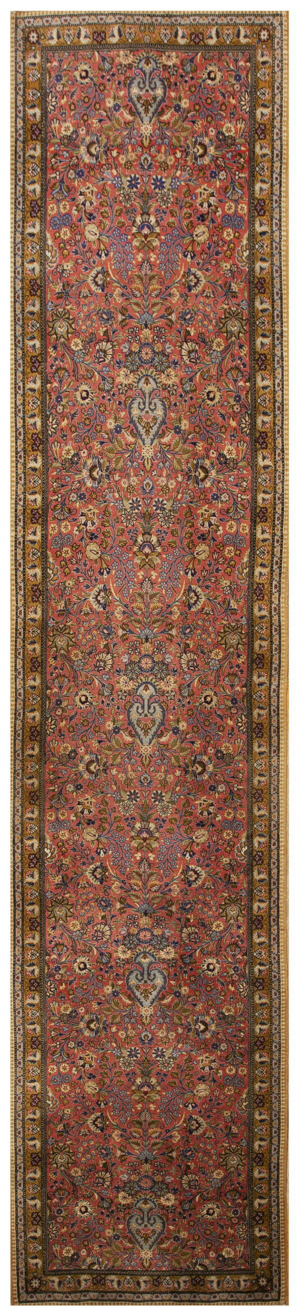 Narrow runner rug with a muted rose field, detailed floral design, and mustard yellow border.