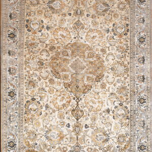 Intricate traditional rug featuring a central medallion and borders in shades of cream and tan.