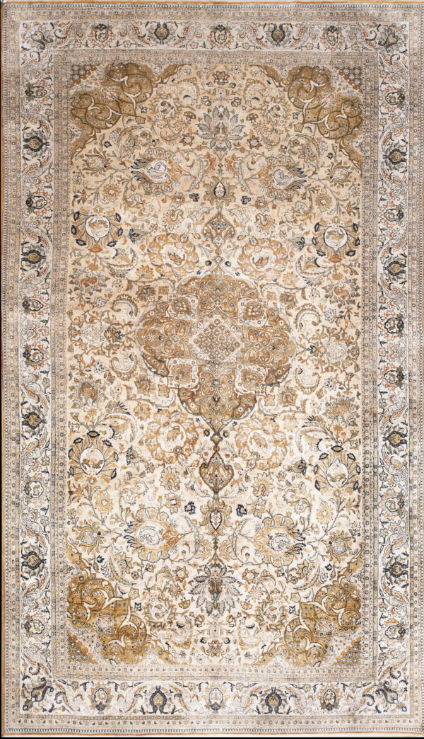 Intricate traditional rug featuring a central medallion and borders in shades of cream and tan.