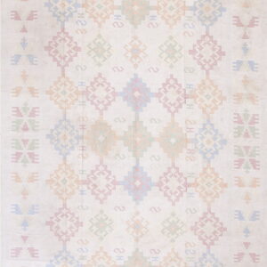 Cream-colored rug with pastel geometric diamond patterns in blue, pink, peach, and green.
