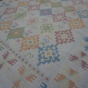 Flatweave rug featuring colorful, muted geometric floral patterns on a pale background over wood planks.