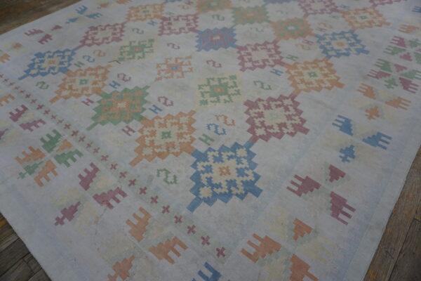 Flatweave rug featuring colorful, muted geometric floral patterns on a pale background over wood planks.