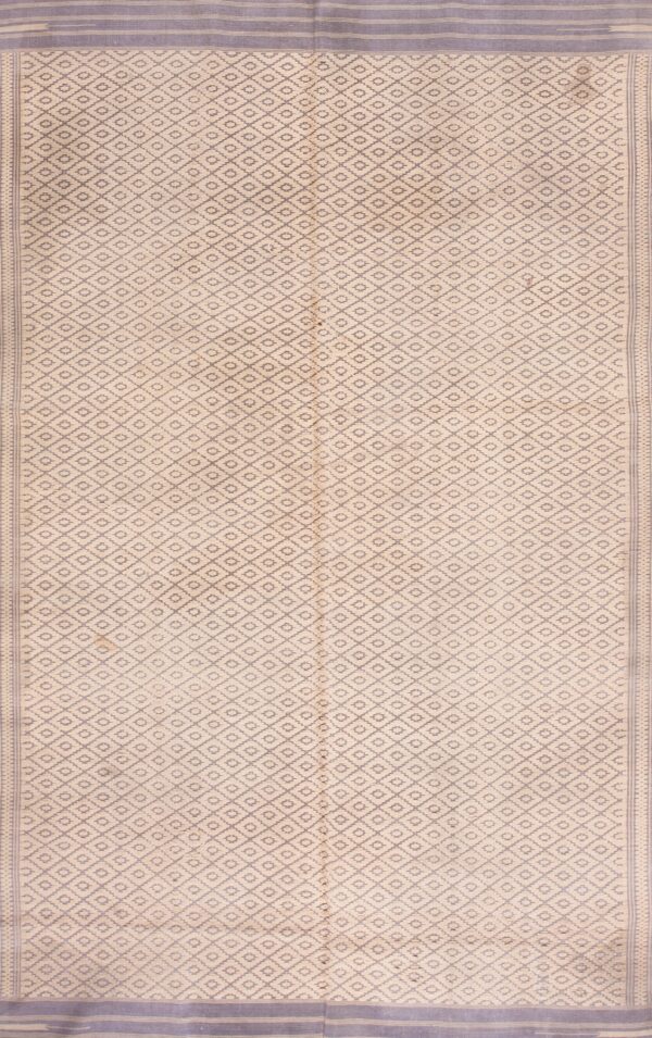 Geometric high-pile rug in beige and navy blue with a striped border beside distressed wood flooring.