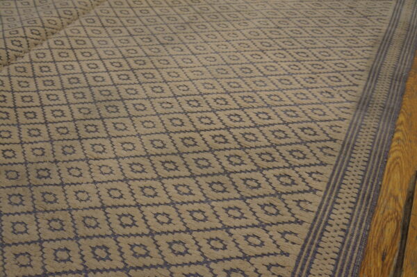 Textured tan and gray rug featuring repeating geometric diamonds, a striped border, and wooden floor boards.
