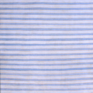 Rectangular rug featuring alternating vertical stripes in blue and pale cream.