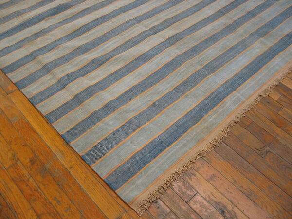 Low-pile rug with alternating blue and tan stripes separated by thin orange lines rests on a wood floor.