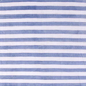 Low pile rug featuring blue and white horizontal stripes with geometric, stepped terminations.