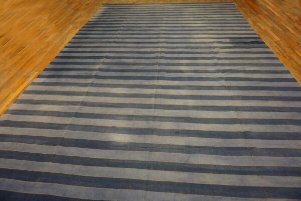 Low-pile rug with alternating blue and gray horizontal stripes covering a light brown wood floor.