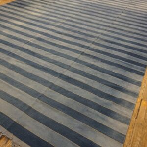Large rug with alternating navy and slate blue horizontal stripes on distressed wood planks.