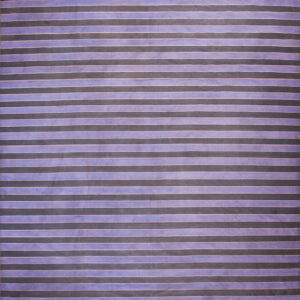 Flat-woven rug with alternating wide purple and dark gray stripes outlined by thin salmon-colored lines.