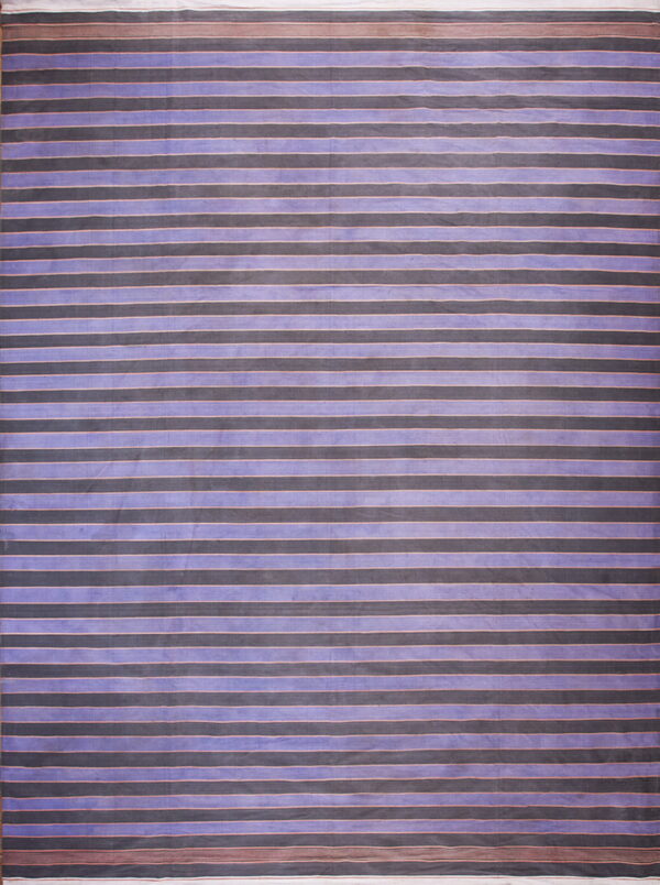 Flat-woven rug with alternating wide purple and dark gray stripes outlined by thin salmon-colored lines.
