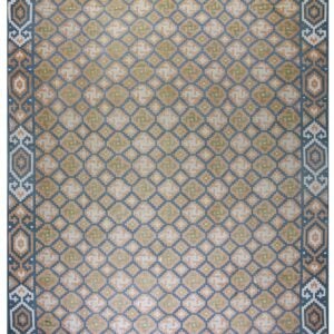 Geometric flatweave rug featuring a repeating diamond lattice in blue, peach, pale green, and white colors.