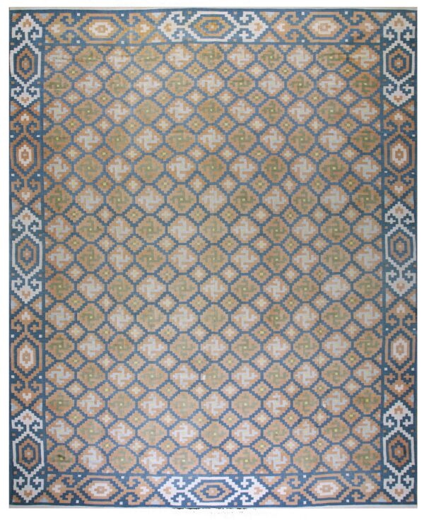Geometric flatweave rug featuring a repeating diamond lattice in blue, peach, pale green, and white colors.