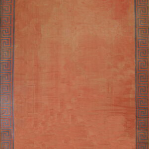 Distressed terracotta rug featuring a Greek Key border pattern in muted blue and the main field color.