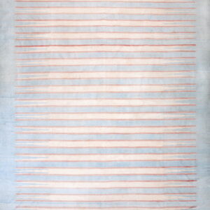 Pale blue rug with cream, dusty rose, and blue horizontal stripes bordered by a wide solid blue edge.