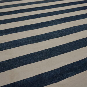 Low-pile rug with broad diagonal stripes in dark blue and slightly grayish off-white.
