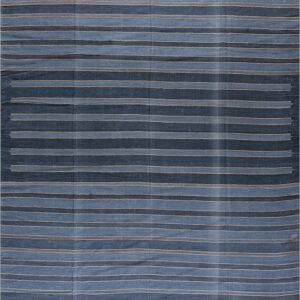 Blue flatweave rug with wide alternating horizontal stripes and thin contrasting tan lines.