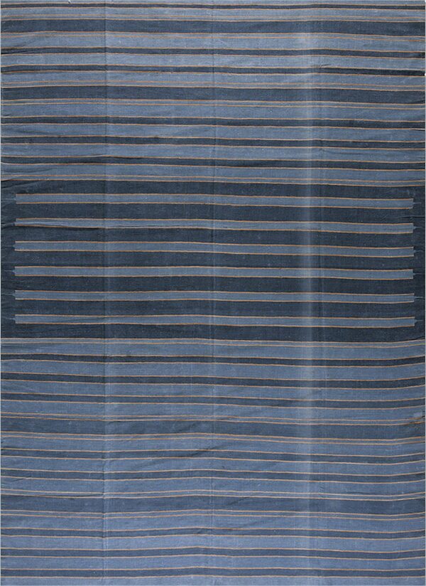 Blue flatweave rug with wide alternating horizontal stripes and thin contrasting tan lines.